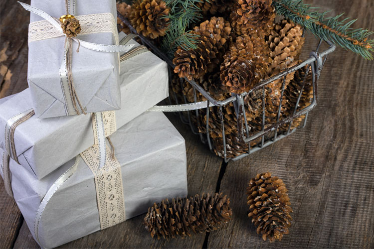 pinecones and wrapped boxes