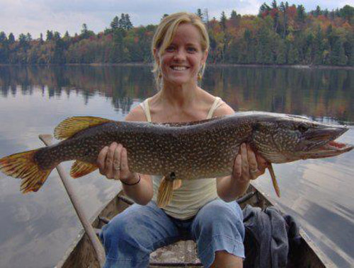 Woman in row boat on Adirondack lake holding large fish