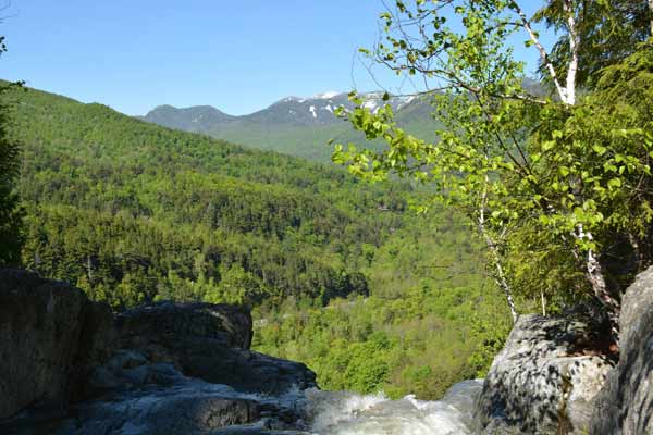 trees and mountains as seen from the top of a waterfall