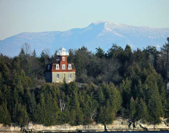 lighthouse tucked amongst evergreen trees