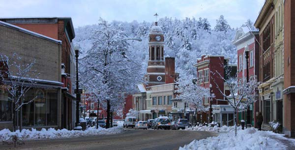 A snowy view of downtown Saranac Lake