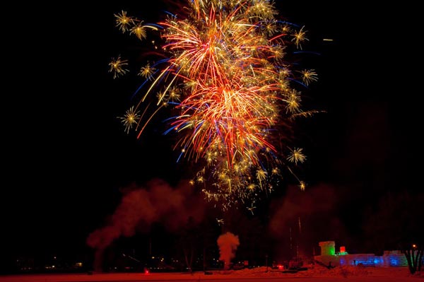 fireworks over the Saranac Lake Ice palace