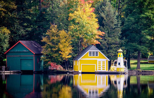 blue and yellow lake houses