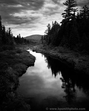 black and white photo of adirondack stream