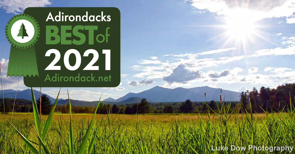 field with adirondack mountains in the background and best of badge