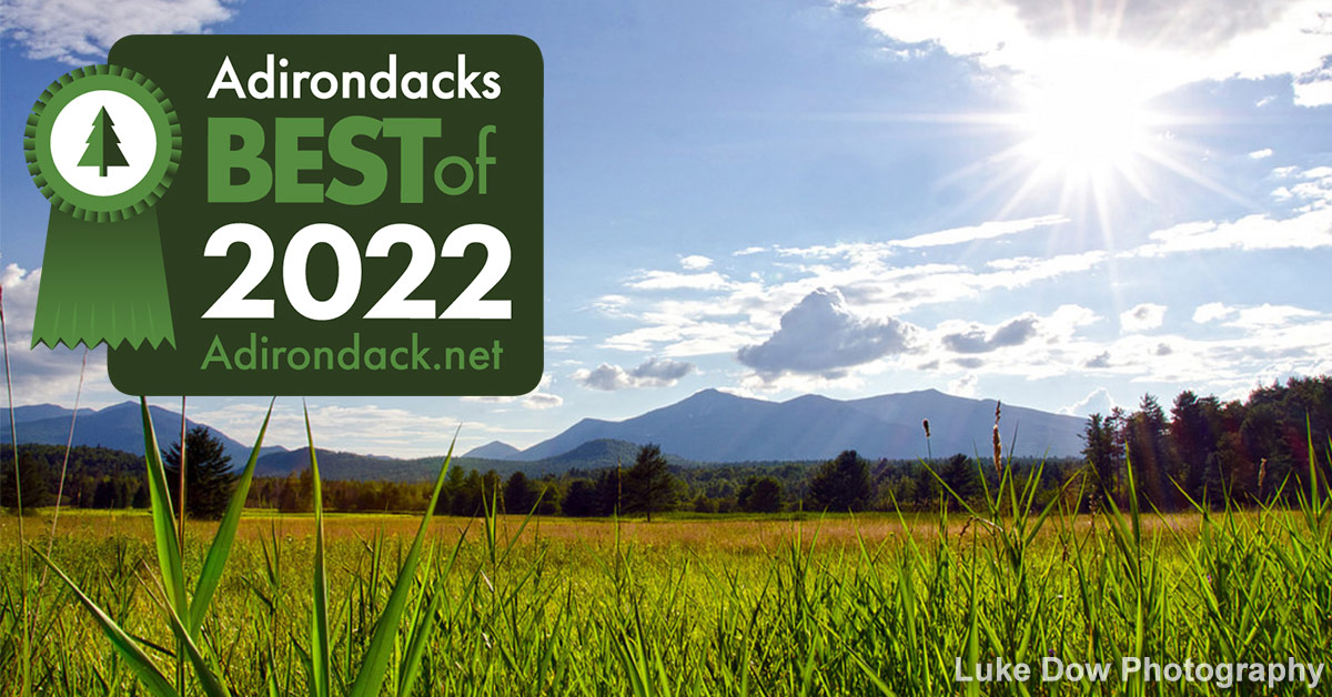 field with adirondack mountains in the background and best of badge