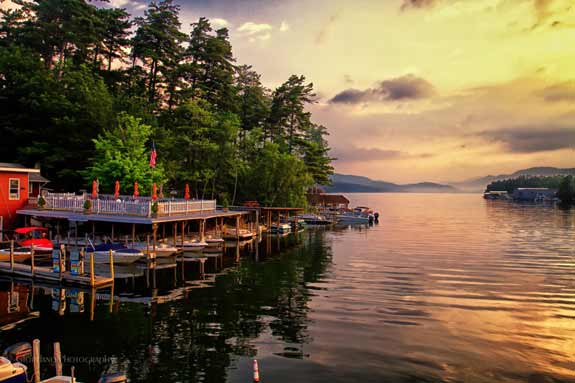 sunrise over Lake George at a marina