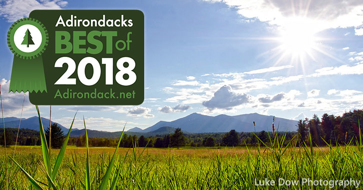field with adirondack mountains in the background and best of badge