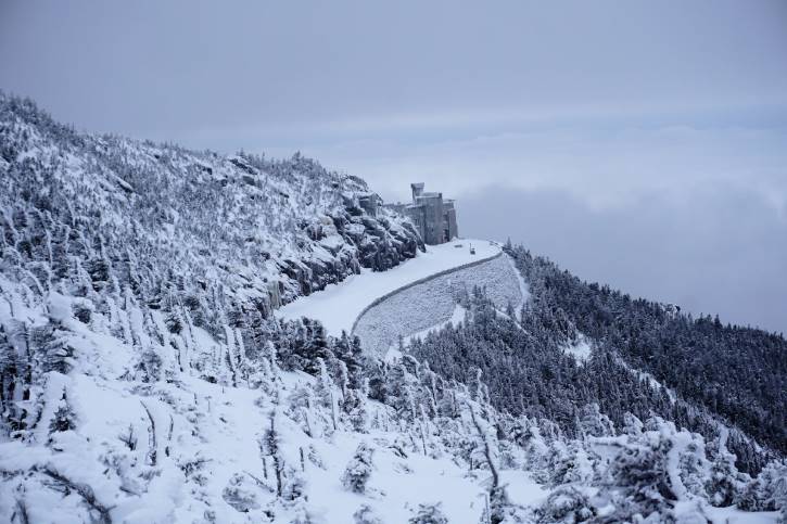 Grey castle on snowy mountain surrounded by trees