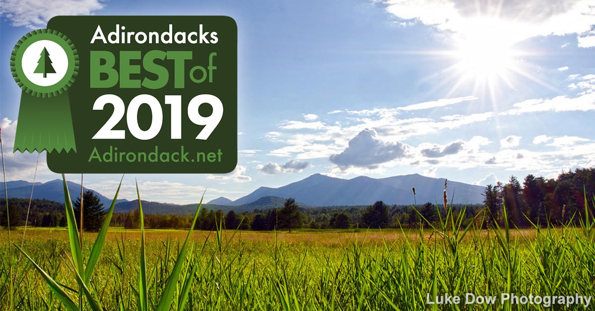 field with adirondack mountains in the background and best of badge