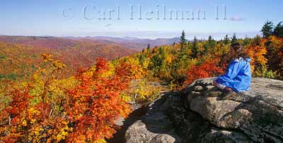 girl on summit looking out at the fall foliage