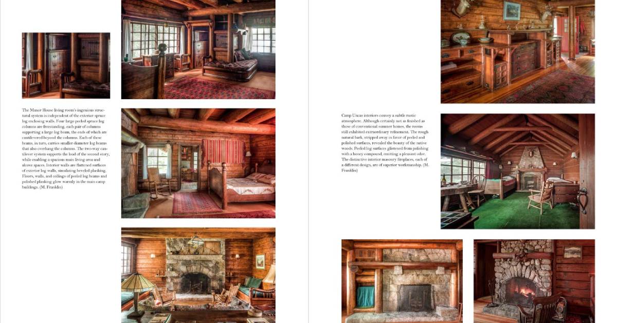 interior photos of a rustic camp and book descriptions