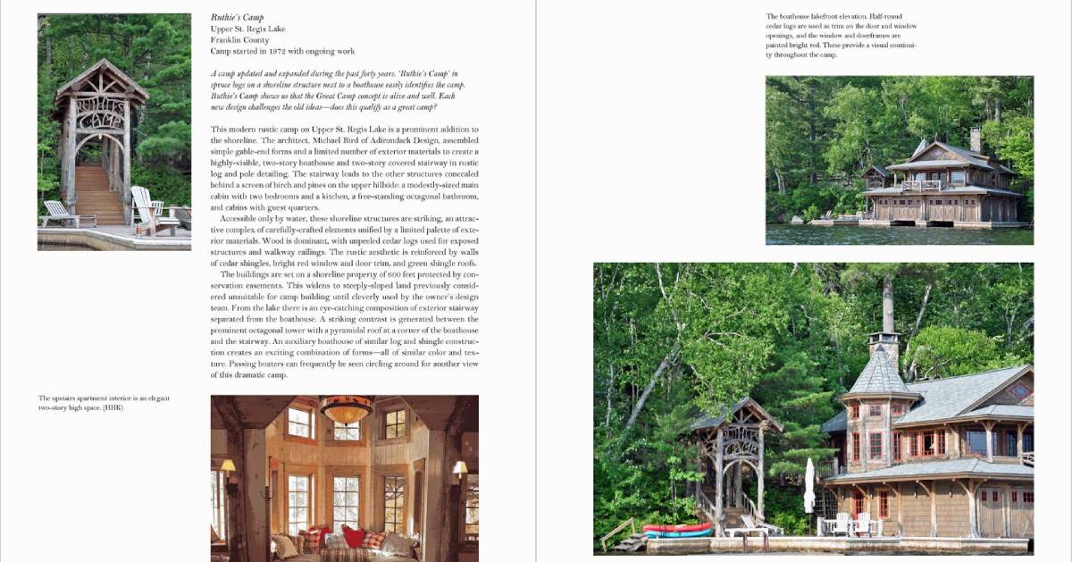 interior and exterior photos of a rustic camp building and book descriptions