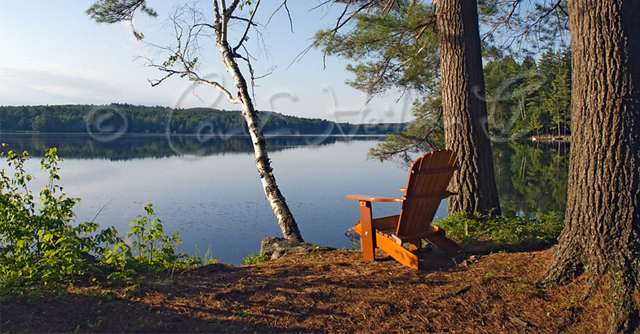 adirondck chair on the edge of a lake at sunrise