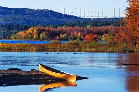 canoe in lake in fall