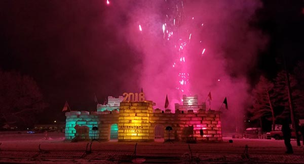 fireworks above an ice palace