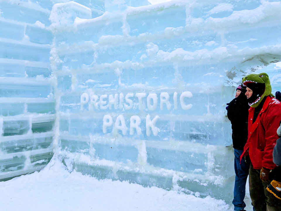 carving in ice palace that says Prehistoric Park