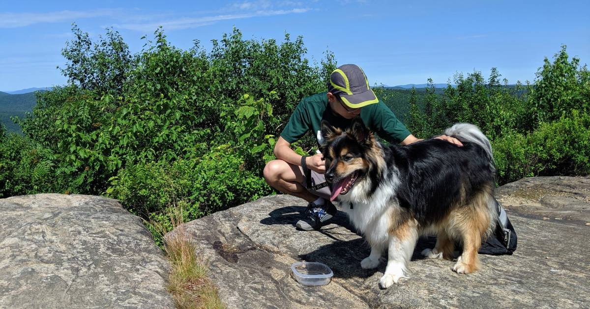 man with dog on mountain
