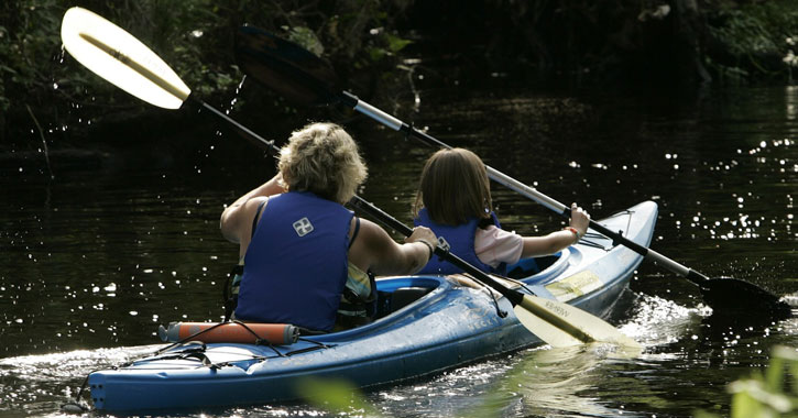 the backs of a woman and young girl kayaking in a double kayak