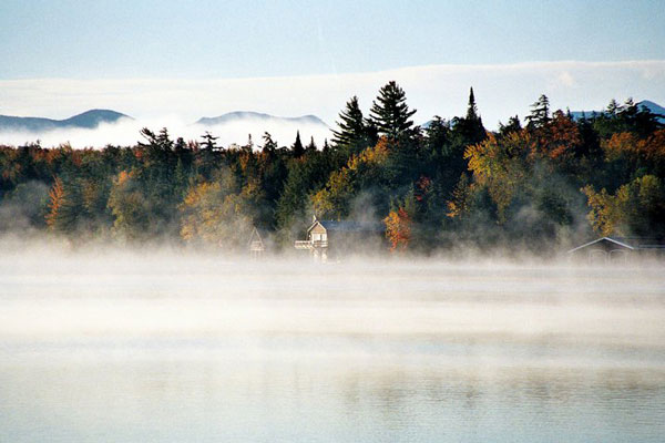 Fog over Lake Placid in early fall