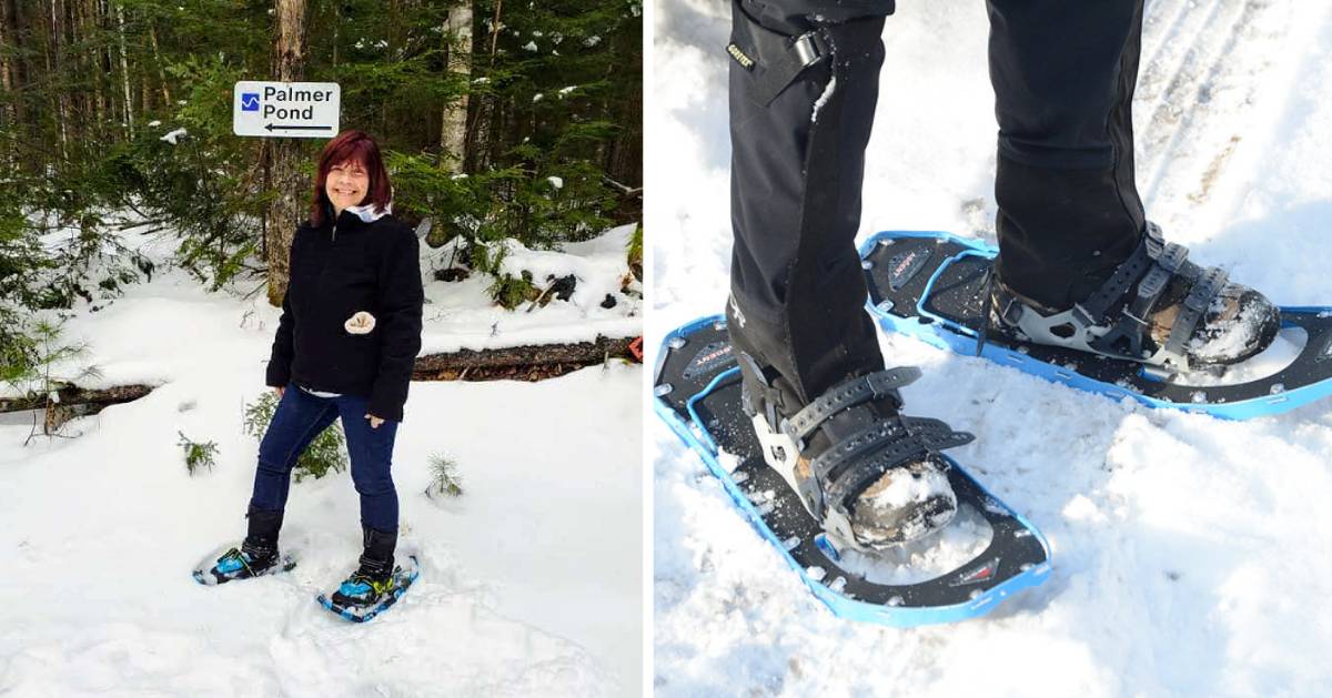 split image of woman on snowshoe on left and closeup of snowshoes on right