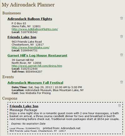 Screenshot of an Adirondack.net Trip Planner itinerary