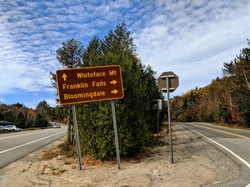 road sign with Whiteface Mountain