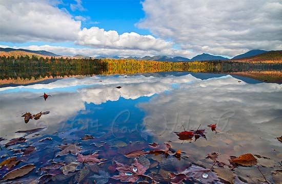fall foliage reflecting on water in the Adirondacks